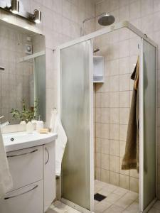 y baño con ducha y lavamanos. en The Royal home - Liseberg / Svenska Mässan, en Gotemburgo