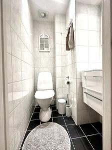 a white bathroom with a toilet and a sink at The Royal home - Liseberg / Svenska Mässan in Gothenburg