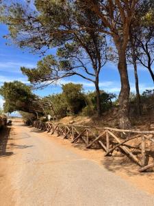 a dirt road with trees and a wooden fence at Villa Mercè Empúries in Sant Martí d’Empúries