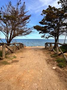 a dirt road next to the ocean with trees at Villa Mercè Empúries in Sant Martí d’Empúries