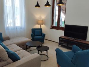 a living room with a couch and chairs and a tv at Bela Vila in Banja Koviljača