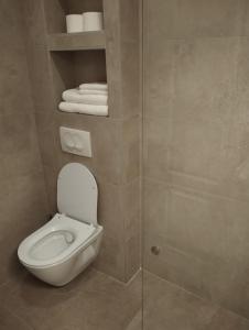 a bathroom with a toilet and some towels at Bela Vila in Banja Koviljača +23 photos