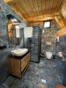 uma casa de banho com um lavatório e um chuveiro em Moni Suit Bungalov em Rize
