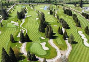 an overhead view of a golf course with trees at Yellow Door Suite in Campbell River