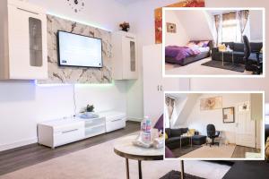 a collage of photos of a living room with a tv at Superior 3 rooms, 4-8 guests, modern, Full equipped in Duisburg