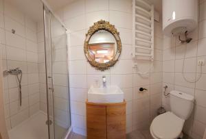 uma casa de banho com um lavatório, um chuveiro e um espelho. em ECO Domek z dużym ogrodem i widokiem em Murzasichle