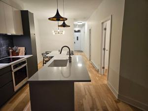 a kitchen with a sink and a counter top at Chic Modern Apt in The Plateau in Montreal