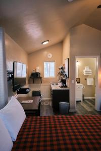 a bedroom with a bed and a desk in a room at Chinook Wind Cabins in Talkeetna