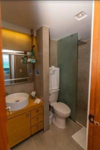 ein Bad mit einem WC, einem Waschbecken und einer Dusche in der Unterkunft Enchanted Honeymoon Isla Verde Beachfront in San Juan
