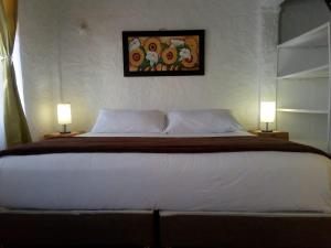 1 dormitorio con 1 cama grande y 2 lámparas en HOTEL LA VILLA DE LUISA EN VILLa DE LEYVA, en Sáchica