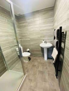 een badkamer met een douche, een toilet en een wastafel bij Roomello luxury City Studios in Peterborough