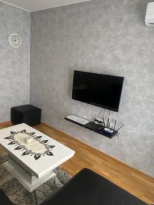 uma sala de estar com uma televisão e uma mesa em Adriatic apartman em Budva