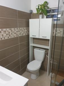 ein Badezimmer mit einem weißen WC und einem Waschbecken in der Unterkunft A ka lé Mich in Sainte-Rose