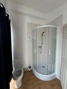 uma casa de banho com um WC e uma cabina de duche em vidro. em Crete home em Oldham