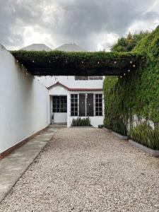 una casa blanca con una pared cubierta de hiedra y una entrada en Casa G&V x 8 personas en Flores