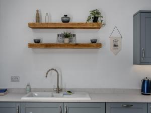 a kitchen with a sink and shelves on the wall at The Old Byre in Edmondbyers