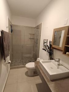 een badkamer met een douche, een toilet en een wastafel bij Departamento coto privado con alberca in Mazatlán
