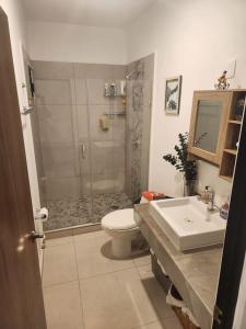 een badkamer met een douche, een toilet en een wastafel bij Departamento coto privado con alberca in Mazatlán