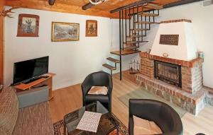 a living room with a fireplace and a tv at Nice Home In Frstenhagen With Lake View in Fürstenhagen