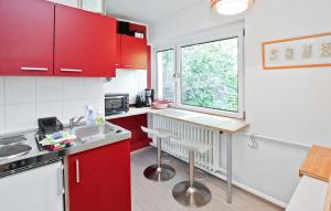 cocina con armarios rojos, fregadero y ventana en Awesome Apartment In Nardevitz Auf Rgen With Lake View en Vietzke