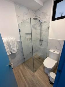 a bathroom with a glass shower with a toilet at SantoriniRD in Punta Cana
