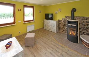 sala de estar con chimenea y TV en Cozy Home In Dahmen With Sauna, en Dahmen