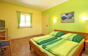 a bedroom with a bed with green walls and a television at 1 Bedroom Awesome Home In Rheinsberg Ot Zechline in Scharfenberg