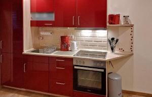 a small kitchen with red cabinets and a stove at 1 Bedroom Gorgeous Home In Feldberger Seenlandsch in Dolgen