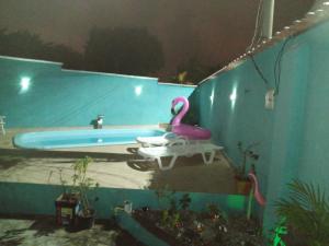 a swimming pool with a pink flamingo in a room at Quarto,cozinha,banheiro e área externa compartilhada in Araruama