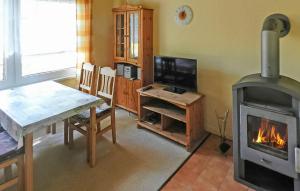 a living room with a fireplace and a table and a television at 2 Bedroom Cozy Home In Boitzenburger Land in Rosenow