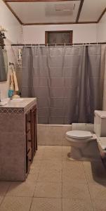 a bathroom with a shower and a toilet and a sink at Paraíso frente al Mar. in Carenero