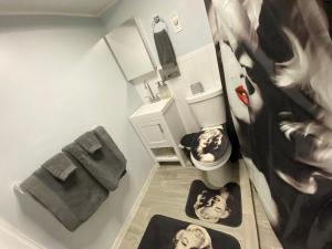a bathroom with pictures of a man on the wall at Nice one bedroom apartment at 15 minutes to New York excellent bus transportation in North Bergen