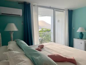 Un niño acostado en una cama en un dormitorio con ventana en Sunset View & Ocean Breeze, en Saint Martin