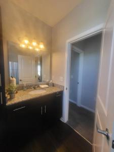 a bathroom with a sink and a large mirror at Luxury 1BR/1BA w/ Top Amenities in Prime Location in Fort Wayne