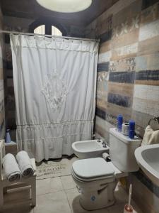 a bathroom with a toilet and a sink and a shower at RUNA YAKU KAUNAZ in Salta +47 photos