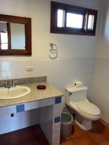 a bathroom with a toilet and a sink and a mirror at La Casa de Dona Irma Townhouse in Copan Ruinas