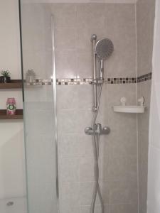 La salle de bains est pourvue d'une douche avec une porte en verre. dans l'établissement Studio cosy tout confort proche aéroport et Paris, à Choisy-le-Roi