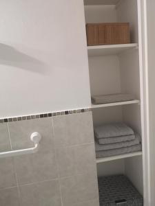 eine ebenerdige Dusche mit Handtüchern im Bad in der Unterkunft Studio cosy tout confort proche aéroport et Paris in Choisy-le-Roi
