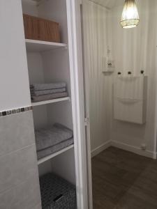 La salle de bains est pourvue d'un placard avec des serviettes et une lampe. dans l'établissement Studio cosy tout confort proche aéroport et Paris, à Choisy-le-Roi