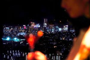 Shin Yokohama Prince Hotel في يوكوهاما: شخص ينظر الي المدينة ليلا