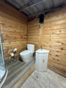a wooden bathroom with a toilet and a sink at Cabin in the woods @ Cultus Lake in Chilliwack
