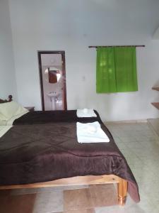 1 dormitorio con cama con espejo y cortinas verdes en Hosteria Puerta de Corral Quemado en Las Juntas