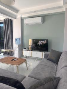 a living room with a couch and a flat screen tv at Villa nightblue in Ortaca