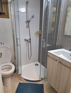 een badkamer met een douche, een toilet en een wastafel bij By The Way Apartment in Larnaka
