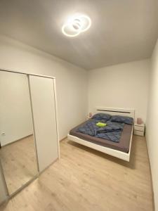 Schlafzimmer mit einem Bett und einem Spiegel in der Unterkunft Kossuth 41 in Balatonlelle