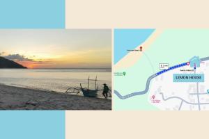 um mapa da praia e um homem andando na praia em Lemon House em Puerto Galera