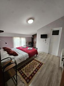 a bedroom with a large bed with a red blanket at Hotel Tradicia in Tbilisi City