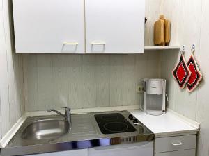 a small kitchen with a sink and a stove at Kölp - Hengstler in Kolpinsee