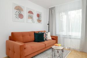 pomarańczowa kanapa w salonie z oknem w obiekcie Cosy Studio in Zakopane by Renters w Zakopanem