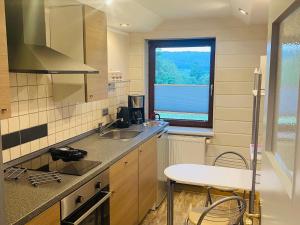 Elle comprend une petite cuisine avec un évier et une fenêtre. dans l'établissement Holiday home in Altenfeld Thuringia with parking, à Altenfeld